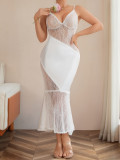 Black White Lace Patchwork Mermaid Slip Maxi Night Dress