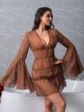 Women See Through Long Sleeve Bell Bottom V Neck Solid Night Dress