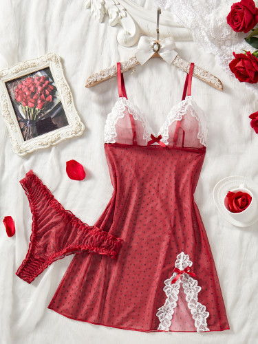 Polka Dot See-Through Mesh V-Neck Bow Sexy Slip Dress with Pantie
