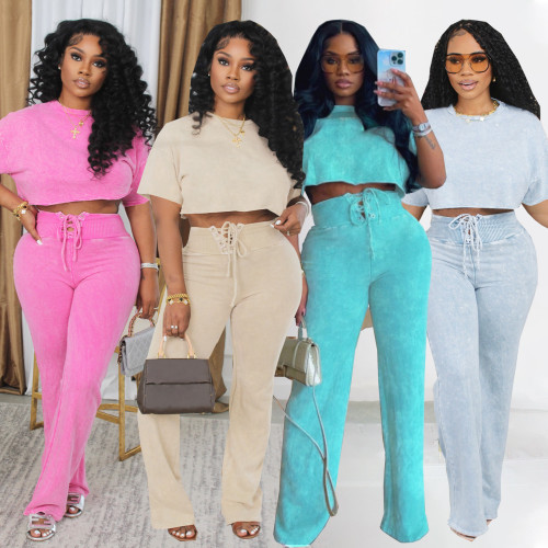 Casual Tie Dye Round Neck Tee and Lace-up Pants Two Piece Set