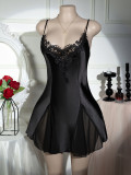 Sexy Lingerie Women French White and Black Satin Nightgown
