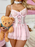 Sexy Lace Patchwork Bow Cross Lace-Up Backless Slip Dress Two-Piece Set