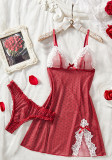Polka Dot See-Through Mesh V-Neck Bow Sexy Slip Dress with Pantie