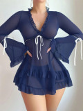 Sexy Lingerie Mesh See-Through Long Sleeve Lace-Up Night Dress Lingerie