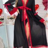 Women's Sexy Mesh Contrast Lace Robe Night Dress Homewear Set