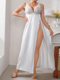 Women Satin Lace High Slit Cami Long Night Dress