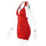 Sexy Deep-v Neck Halter Low Back Ruched Bodycon Mini Dress