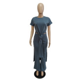 Solid Long Slit Short Sleeve Top & Wide Leg Pants