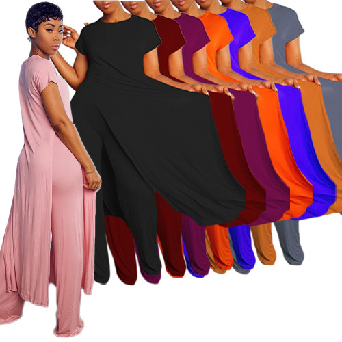 Solid Long Slit Short Sleeve Top & Wide Leg Pants
