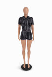Retro Dot Hooded Zipper Short Sleeve Top and Shorts Two Piece Set
