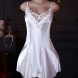Sexy Lingerie Women French White and Black Satin Nightgown