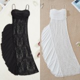 Women Summer See-Through Ruffle Slit Strap Nightgown