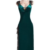 Velvet Women's Lace Trim Slit Nightdress