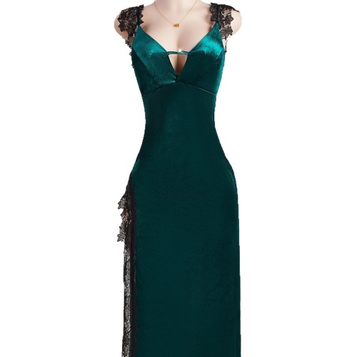 Velvet Women's Lace Trim Slit Nightdress