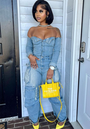 Women's Off Shoulder Buttoned Multi-Pocket Washed Denim Jumpsuit