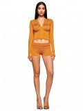 Printed Hooded Long-Sleeve Shorts Thumb Buckle Top and Shorts Two-Piece Set