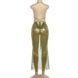 Shiny Halter Neck Ruched Sexy Backless Lace-up Maxi Dress