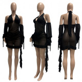 Sexy Mesh See-Through Halter Low Back Lace-Up Ruffle Dress