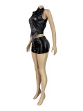PU Leather Stand Collar Zipper Sleeveless Top and Shorts 2PCS Set