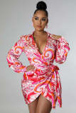 Sexy Printed V-neck Long Sleeve Wrap Dress