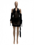Sexy Mesh See-Through Halter Low Back Lace-Up Ruffle Dress