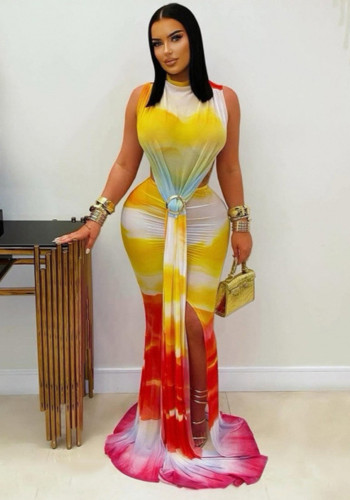 Sexy Sleeveless Gradient Lace-Up Slit Bodycon Maxi Dress