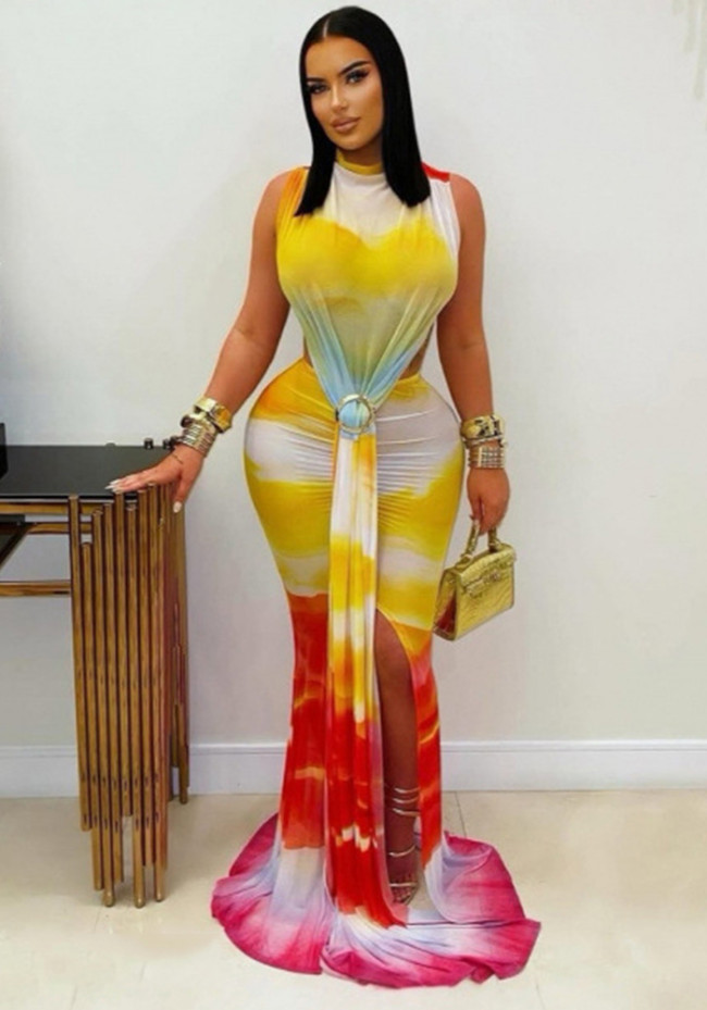 Sexy Sleeveless Gradient Lace-Up Slit Bodycon Maxi Dress