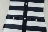 Black White Striped Print Button Short Sleeve Bodycon Dress