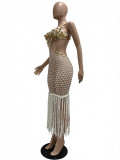 Knitting Crochet Slash Shoulder Sequined Tassel Hollow Out Irregular Beach Dress