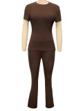Brown Slim Fit Short Sleeve Top & High Waist Flare Pants Two-Piece Set