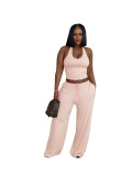 Street Solid Halter Crop Top & High Waist Wide Leg Pants Set