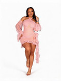Sexy Mesh See-Through Halter Low Back Lace-Up Ruffle Dress