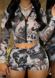 Fashion Print Mesh See-Through Long Sleeve Zipper Top & Shorts 2PCS Set