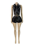 PU Leather Stand Collar Zipper Sleeveless Top and Shorts 2PCS Set
