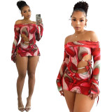 Women Printed Off Shoulder Long Sleeve Lace Up Two Piece Slit Skirt Set
