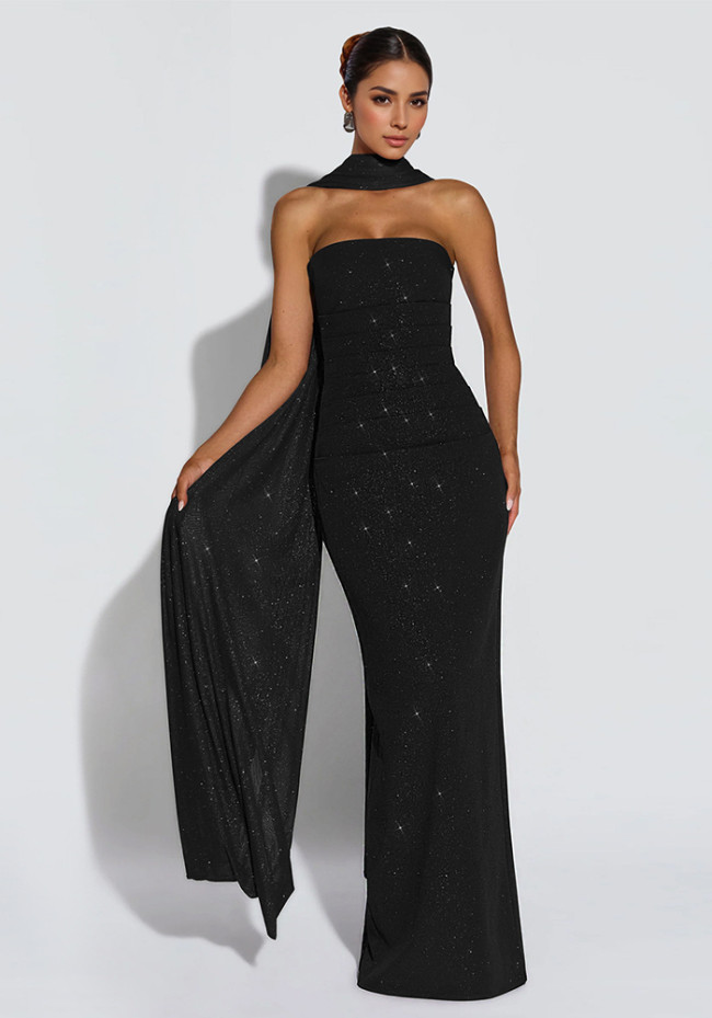 Sexy Shiny Strapless Slit Maxi Dress with Scarf