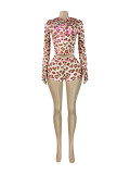 Printed Hooded Long-Sleeve Shorts Thumb Buckle Top and Shorts Two-Piece Set