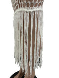 Knitting Crochet Slash Shoulder Sequined Tassel Hollow Out Irregular Beach Dress