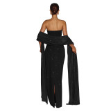 Sexy Shiny Strapless Slit Maxi Dress with Scarf
