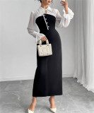 Faux Two-Piece White and Black Long Sleeve Midi Dress