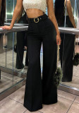 Women's High Waist Buckle Belt Wide Leg Black Trousers