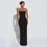 Sexy Shiny Strapless Slit Maxi Dress with Scarf