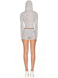 Printed Hooded Long-Sleeve Shorts Thumb Buckle Top and Shorts Two-Piece Set