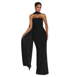 Sexy Shiny Strapless Slit Maxi Dress with Scarf