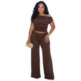 Fashion Slash Shoulder Drawstring Pleated Wide Leg Two Piece Pants Set
