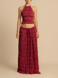 Women's Holiday Pleated Halter Top & Maxi Skirt Two-Piece Set