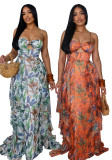 Boho Leaf Print Strap Cutout Holiday Maxi Beach Dress