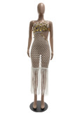 Knitting Crochet Slash Shoulder Sequined Tassel Hollow Out Irregular Beach Dress