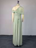 Solid Slash Shoulder Ruched Lace-up Short-sleeved Evening Dress