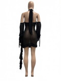Sexy Mesh See-Through Halter Low Back Lace-Up Ruffle Dress